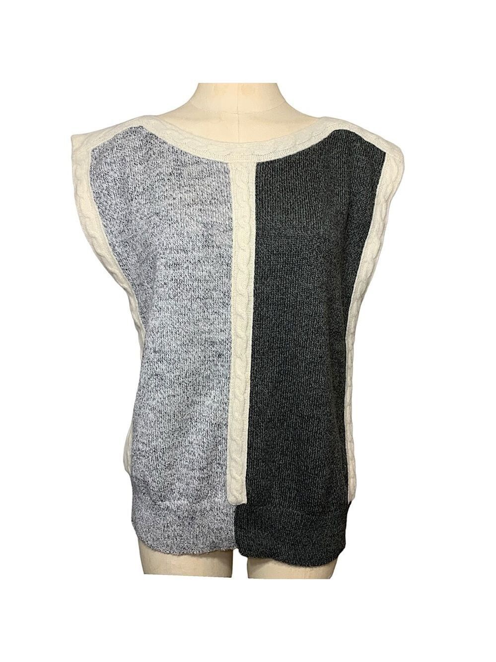 Vintage Angora Wool Cable Knit Sweater Vest Sz S  Cream Gray Minimalist Layer
